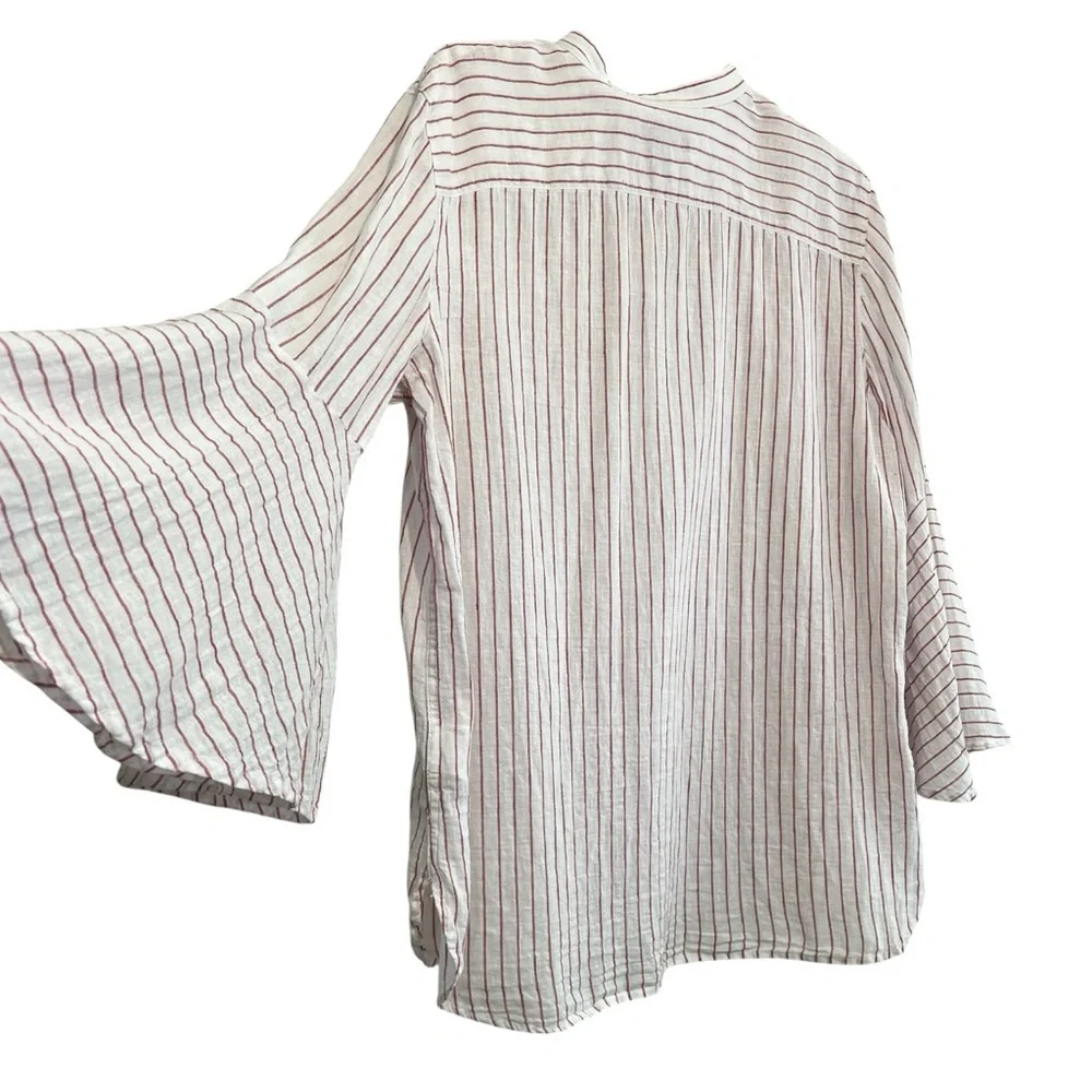 CHAPS Bell Sleeve Button Down Women’s Blouse, Linen&Cotton, Red/White, Large - Picture 5 of 11